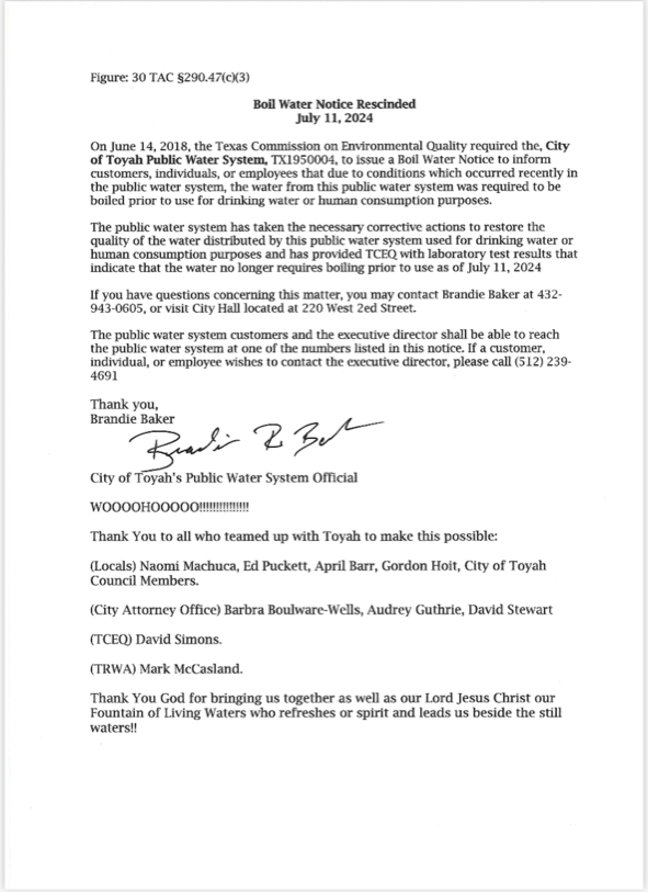 Boil Water Notice Rescinded